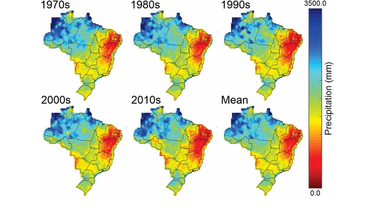 220520241.jpg Distribuição espacial da precipitação média anual e decenal no Brasil (1970–2019)